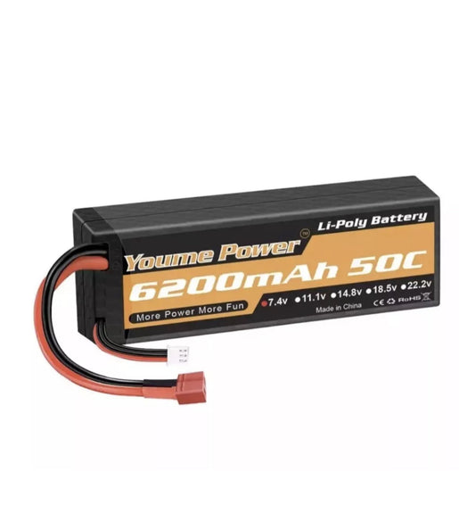 Lipo Battery 7.4V 2S 6200mAh 50C Deans Plug, Hard case.