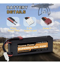 Lipo Battery 7.4V 2S 6200mAh 50C Deans Plug, Hard case.