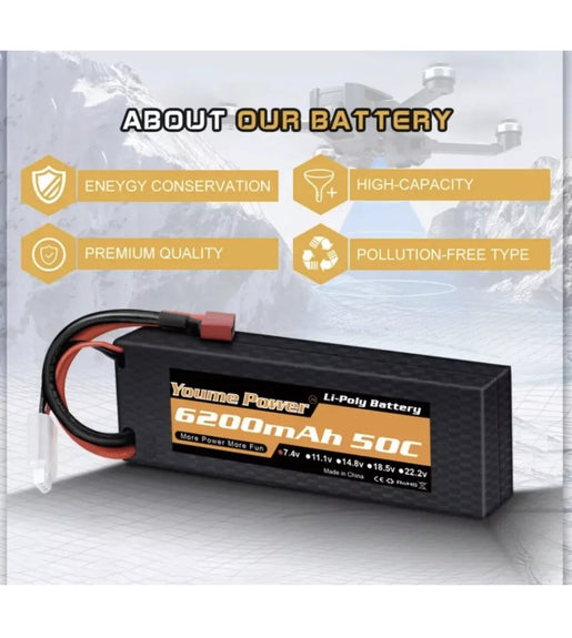 Lipo Battery 7.4V 2S 6200mAh 50C Deans Plug, Hard case.